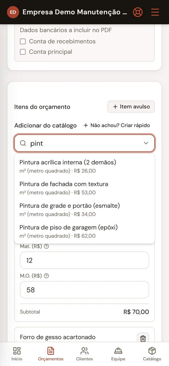 Tela do Rebite no celular buscando serviços de pintura no catálogo, com preço por metro quadrado