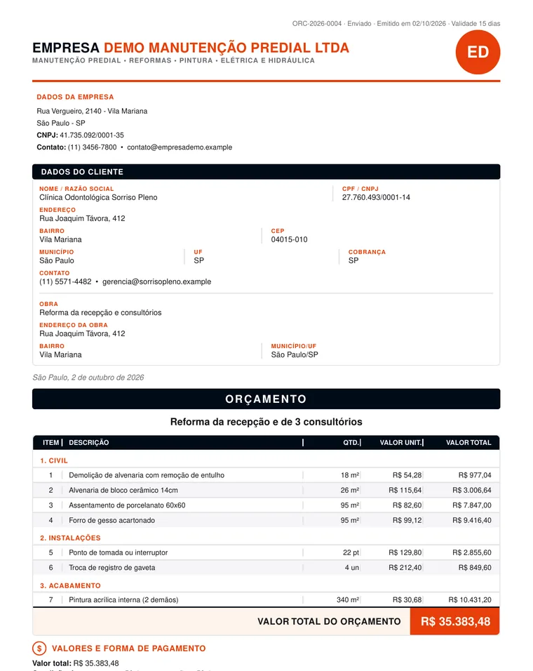 Orçamento em PDF gerado pelo Rebite, com dados do cliente, itens por etapa e valor total em destaque